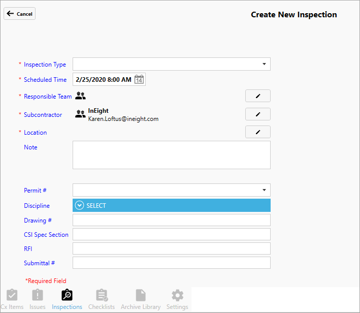 Inspection Sign In InEight Legacy Completions - Create / Open an Inspection
