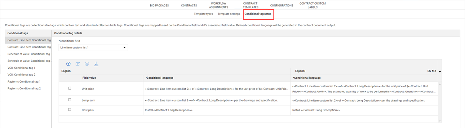 InEight Contract - Conditional tag setup subtab