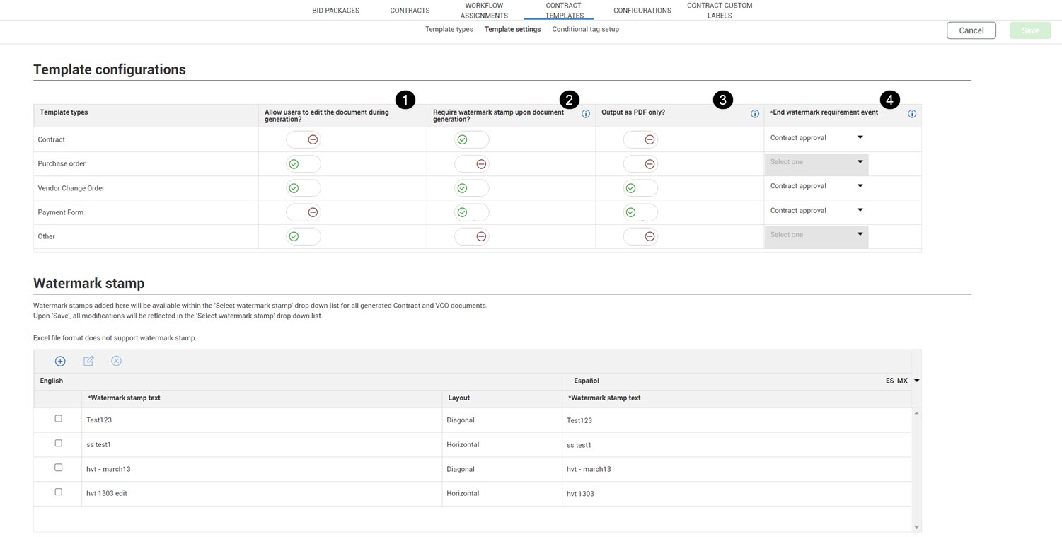 InEight Contract - Template settings subtab