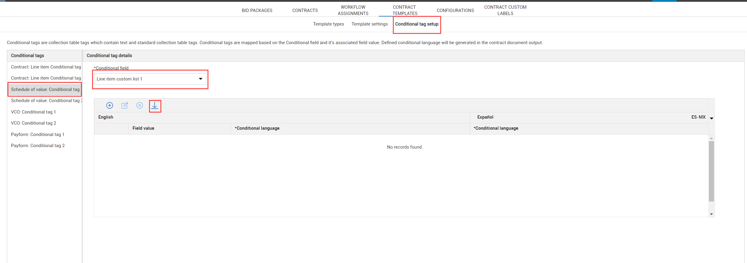 InEight Contract - Conditional tag setup subtab