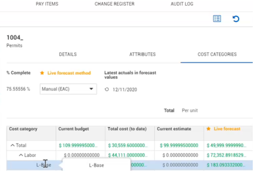 InEight Control - Cost category label customizations