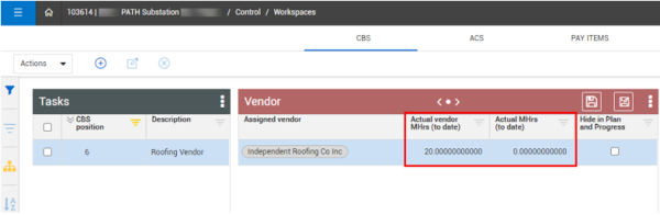 InEight Control - Vendor Work Hours from Progress