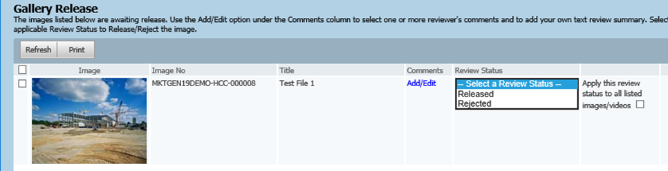 Sending Project Gallery items for Review