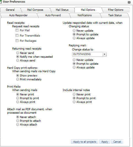 InEight Document Classic - Mail Options Tab