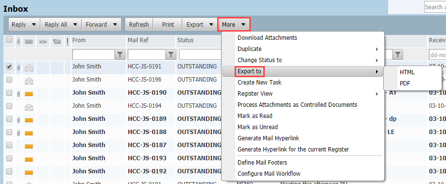 InEight Document Classic - Exporting mail to HTML or PDF