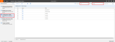 Module and Field selections in dropdown menu from Configuration tables panel