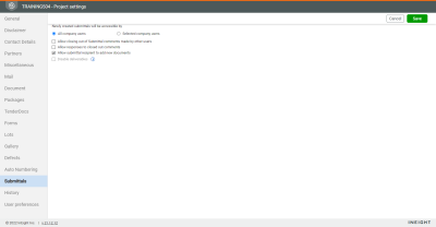 Submittals settings tab from Project settings