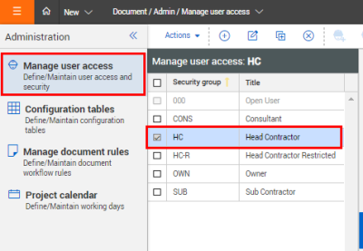 Select user in Manage user access tab from Administration panel