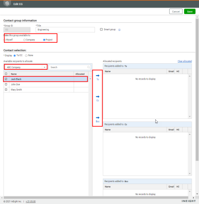 add contact group to the To, Cc or Bcc groups in edit panel