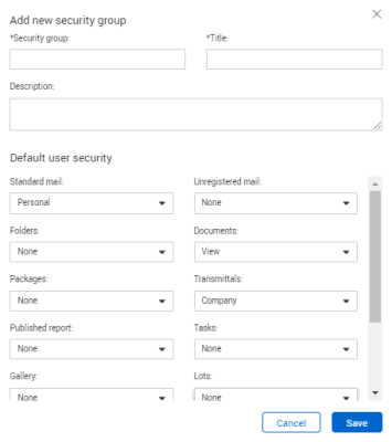 Select default user security access from Add new security group panel