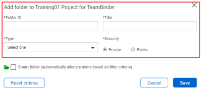 Enter details as standard  in add folder panel