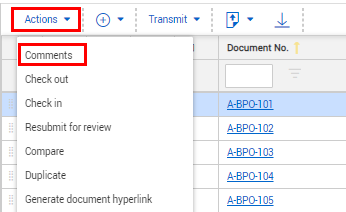Comments selection in Actions menu