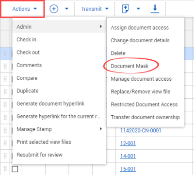 Document Mask selected in Action-Admin menu