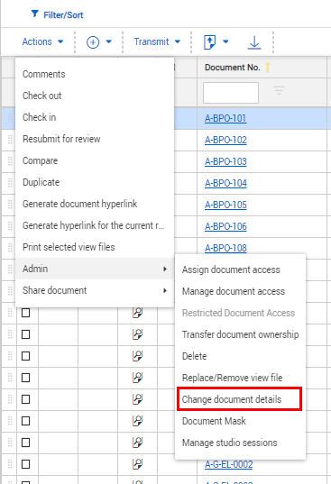 Change document details Actions menu