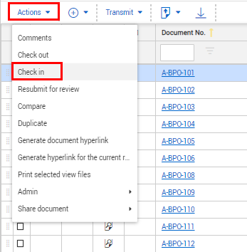 Check In selection in Actions Menu