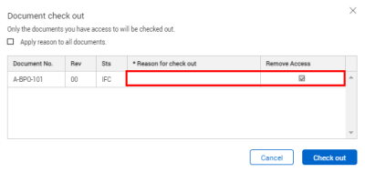 Check Out selections and remove access pane