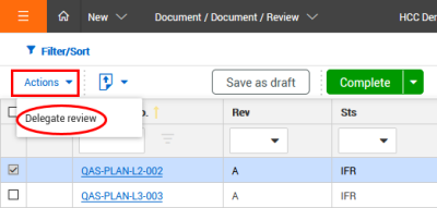 Delegate Review in Actions menu from Document Review screen