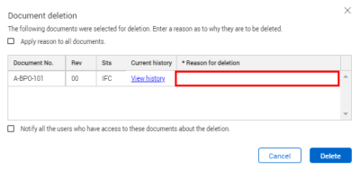 Reason for deletion field in Document Deletion pane