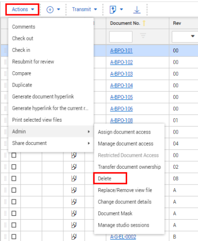 Delete document selection in Actions menu