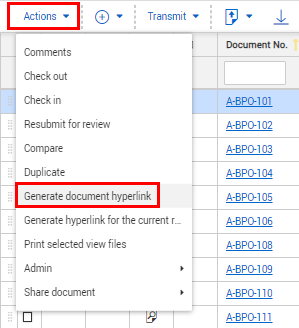 Generate document hyperlink selected in Actions menu