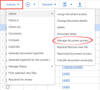 Manage document access selected in Action-Admin menu