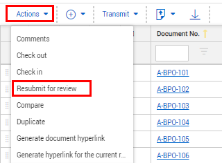 Resubmit for review selection in Action menu