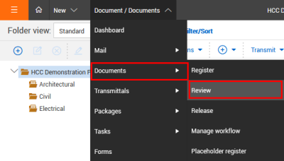 Document Review selected from module Documents menu