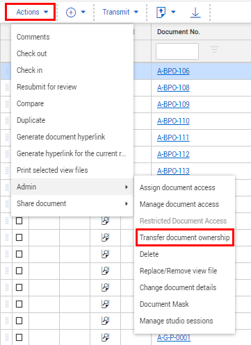 Transfer document ownership selected in Action-Admin menu