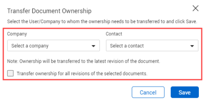 Select contact and company in Transfer document ownership