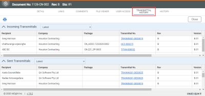 Transmittal History tab view