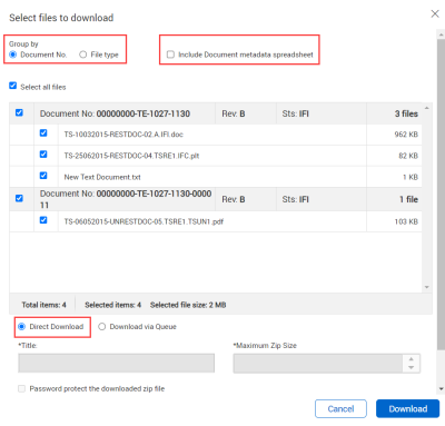 Download pane for grouping documents with direct download radio button