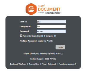 Enter user ID, company ID and password fields in InEight Document login panel