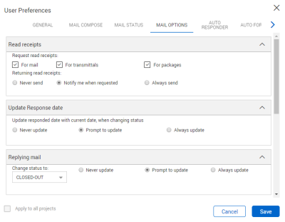 Mail Options settings tab in the User Preferences