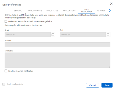 Auto Responder settings tab in the User Preferences