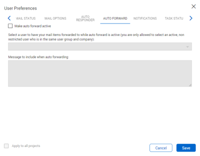 Auto Forward settings tab in the User Preferences