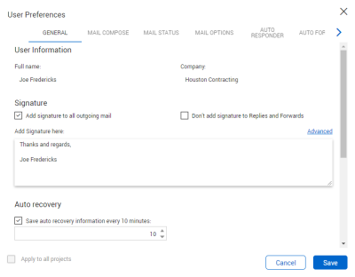 General settings tab in the User Preferences