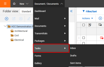 Inbox, Drafts, Sent Items from Task register menu