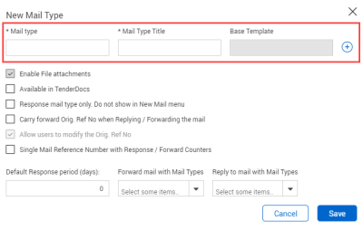 New Mail type panel with plus icon to enter type and title