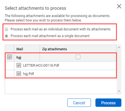 Select process the attachments panel