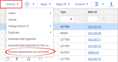 Process attachments as controlled documents selected in Actions menu