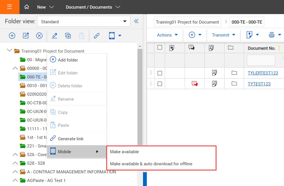 Enable document folders for the mobile app