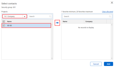 Select the user(s) and click the arrow icon to add to security group from select contacts panel