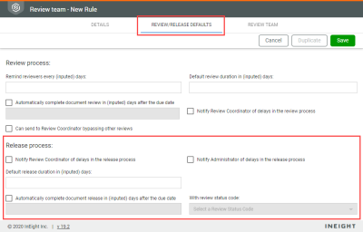 Select for the Release Process in Review/Release Defaults tab