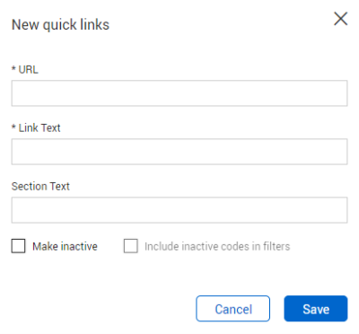 Enter URL and Link Text in New Quick Links panel