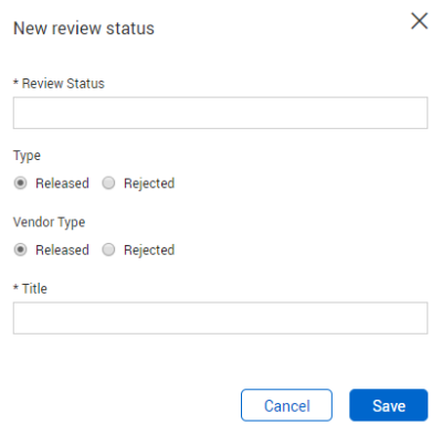 Enter Review status code, type and title in New Review status  panel
