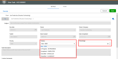 Action Status menu and Percentage field to task