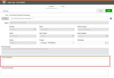  Action Notes field in updating tasks