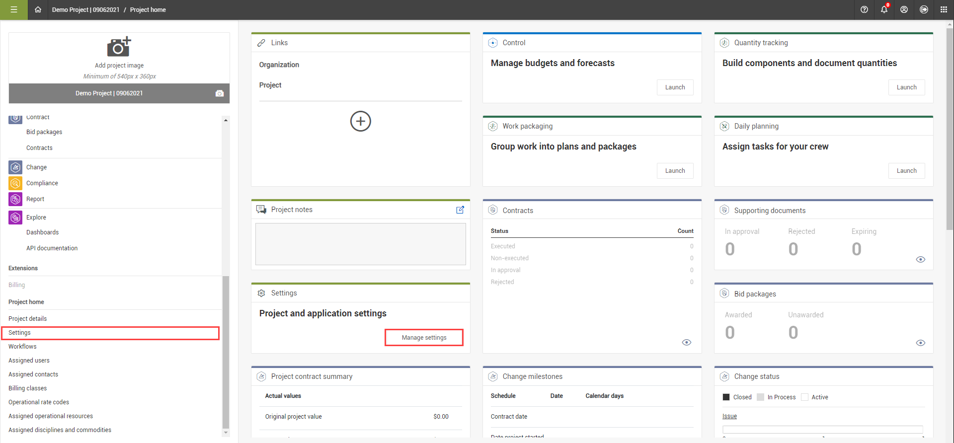 Display Project Settings Project settings
