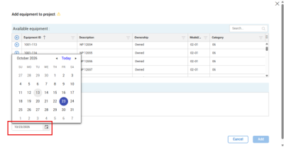 Add equipment to project dialog box shows set Start date field and calendar