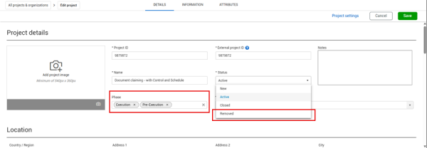 Project details page shows list of statuses and list of phases